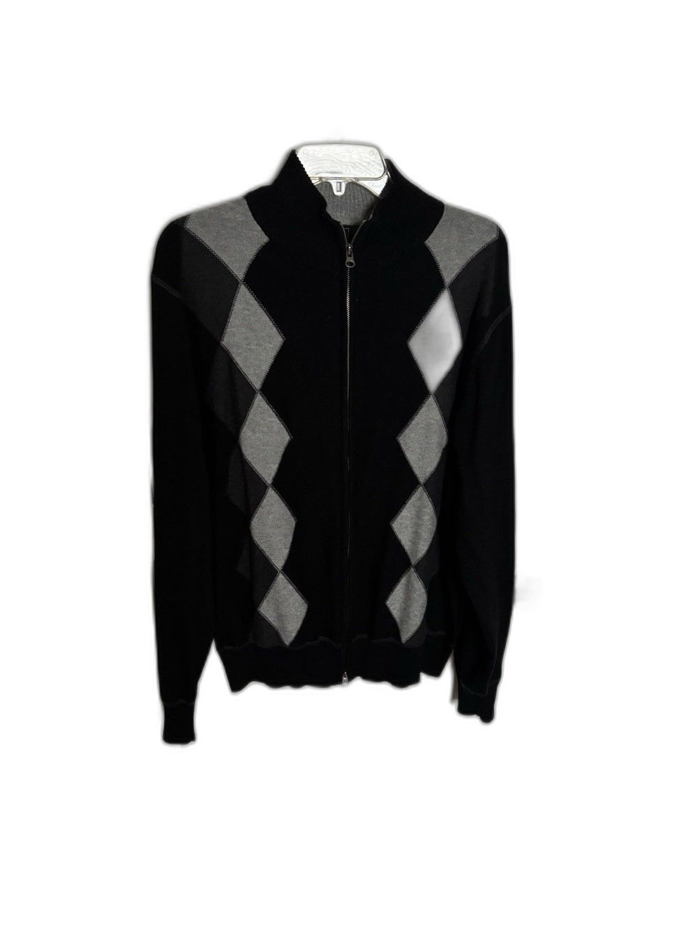 Dockers Black And Grey Full Zipper Sweater With Argyle Geometric Pattern